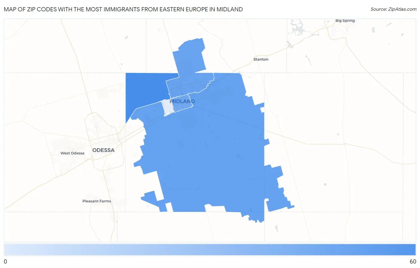 Zip Codes with the Most Immigrants from Eastern Europe in Midland Map