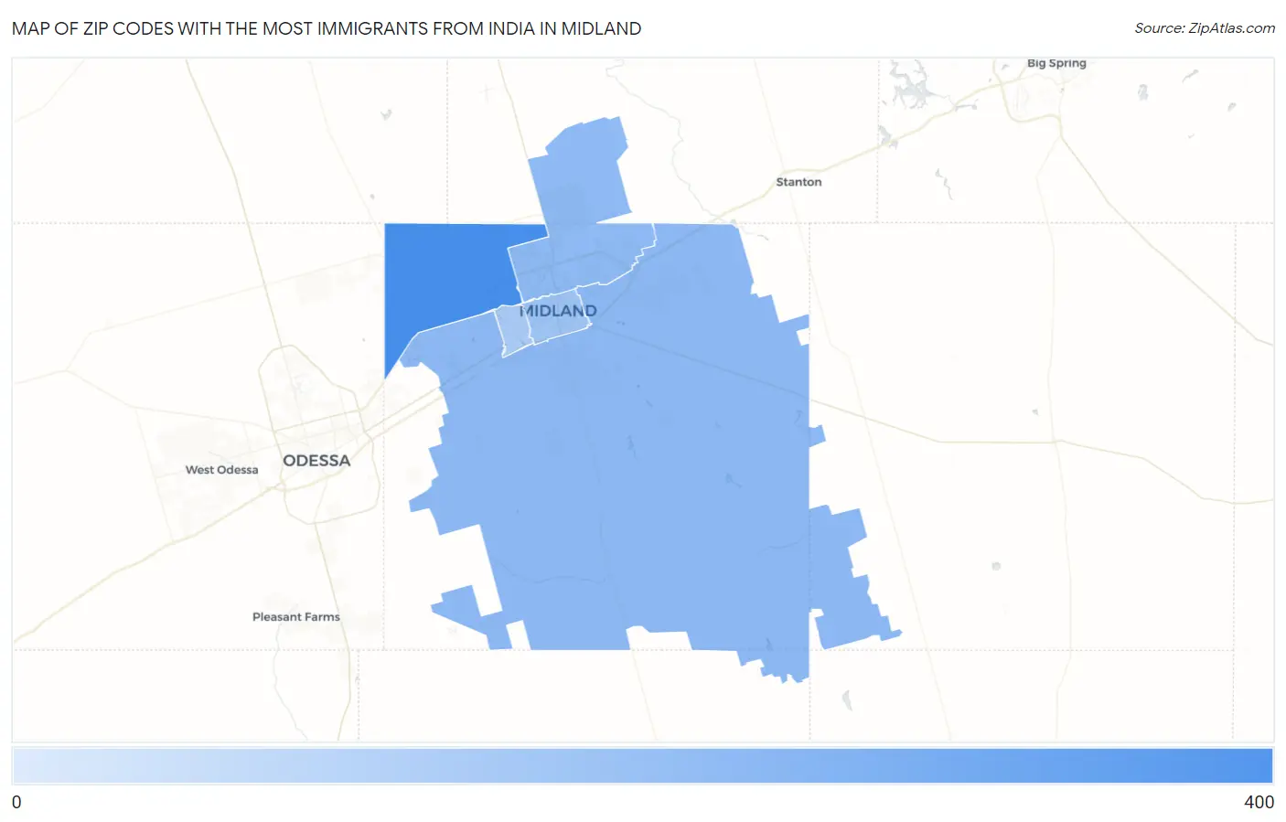 Zip Codes with the Most Immigrants from India in Midland Map