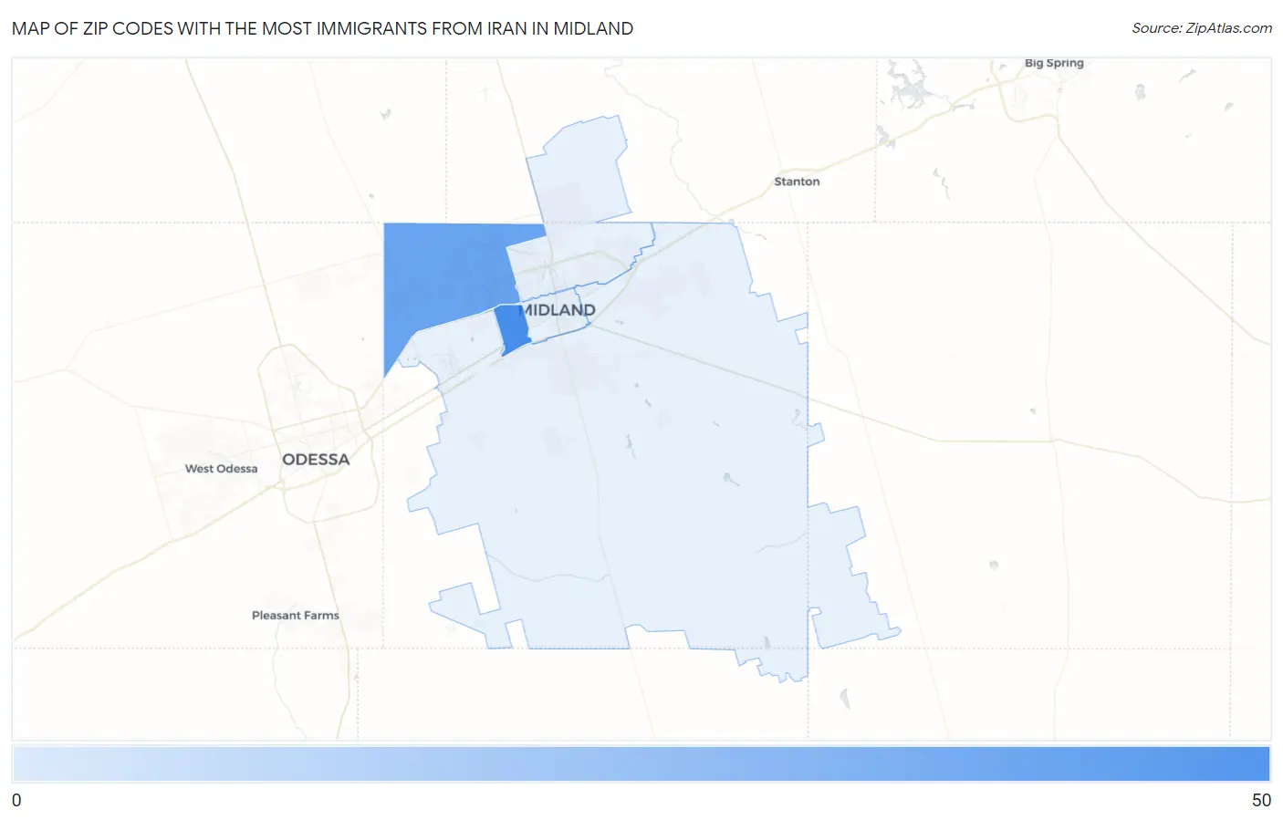 Zip Codes with the Most Immigrants from Iran in Midland Map