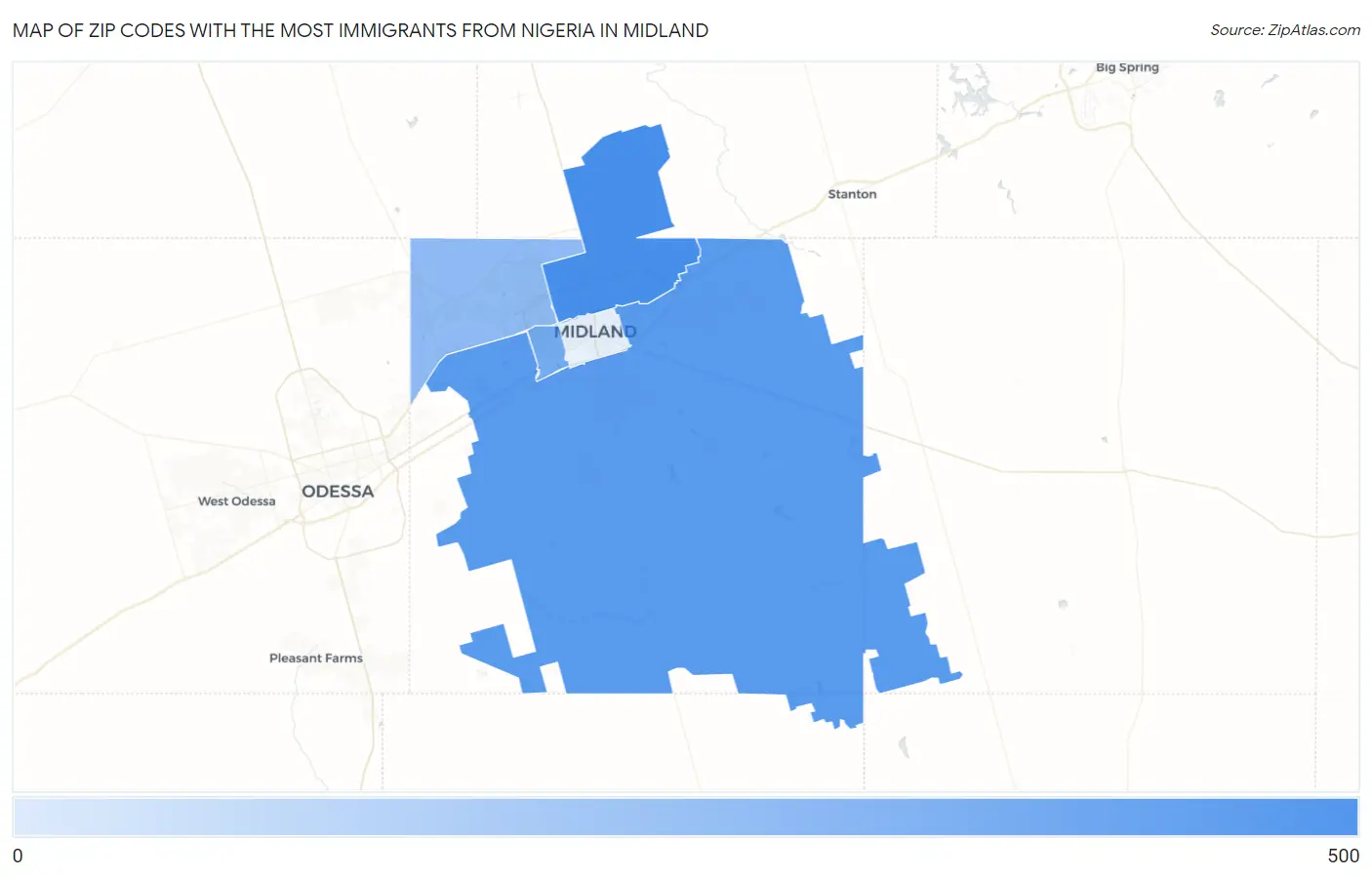 Zip Codes with the Most Immigrants from Nigeria in Midland Map