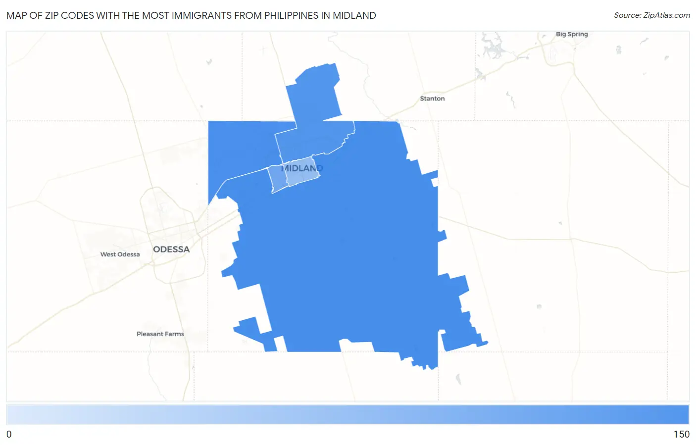 Zip Codes with the Most Immigrants from Philippines in Midland Map