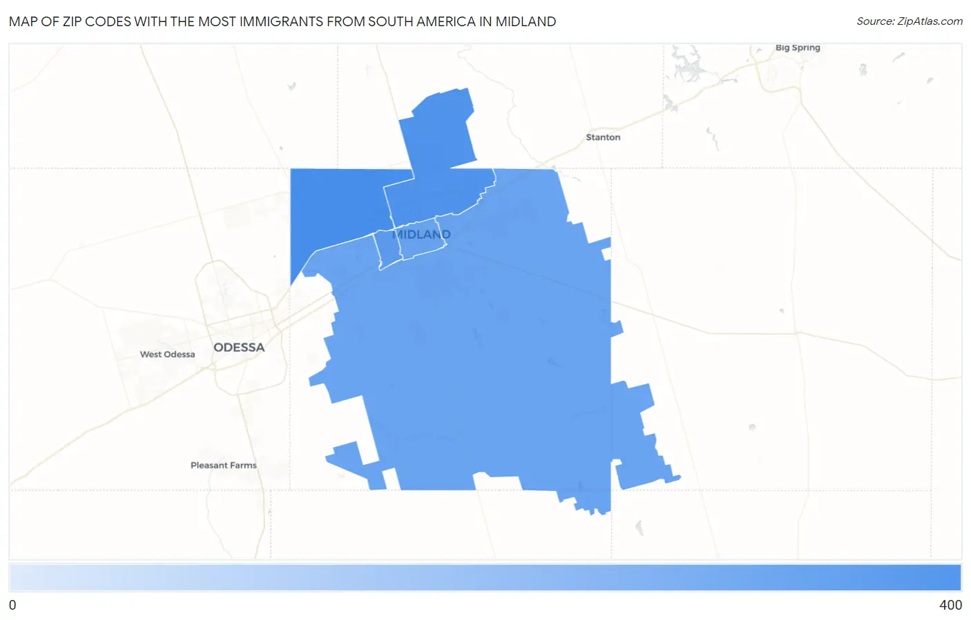 Zip Codes with the Most Immigrants from South America in Midland Map