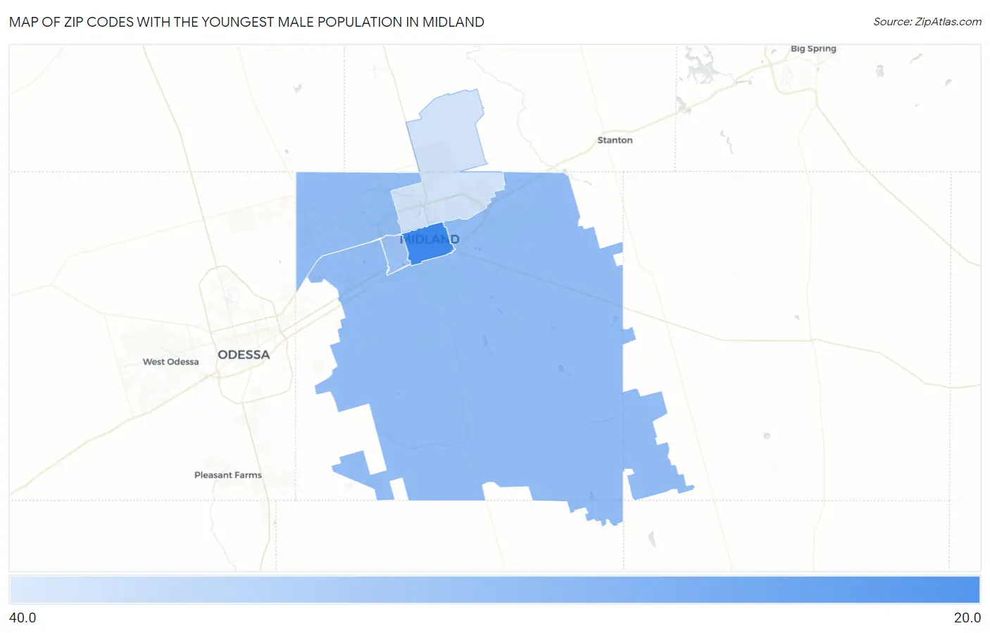 Zip Codes with the Youngest Male Population in Midland Map