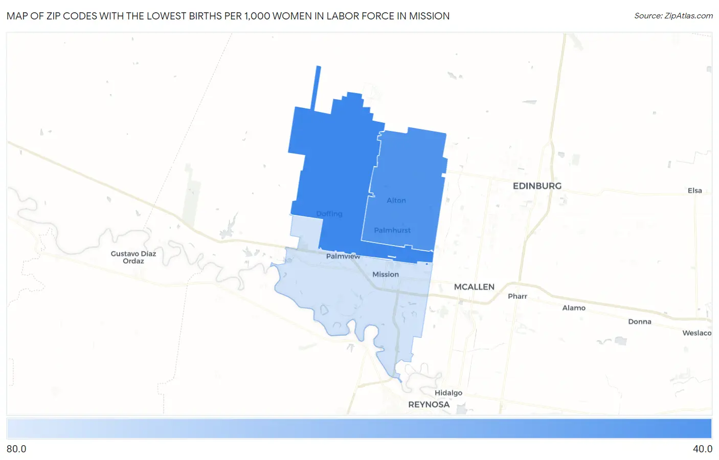 Zip Codes with the Lowest Births per 1,000 Women in Labor Force in Mission Map
