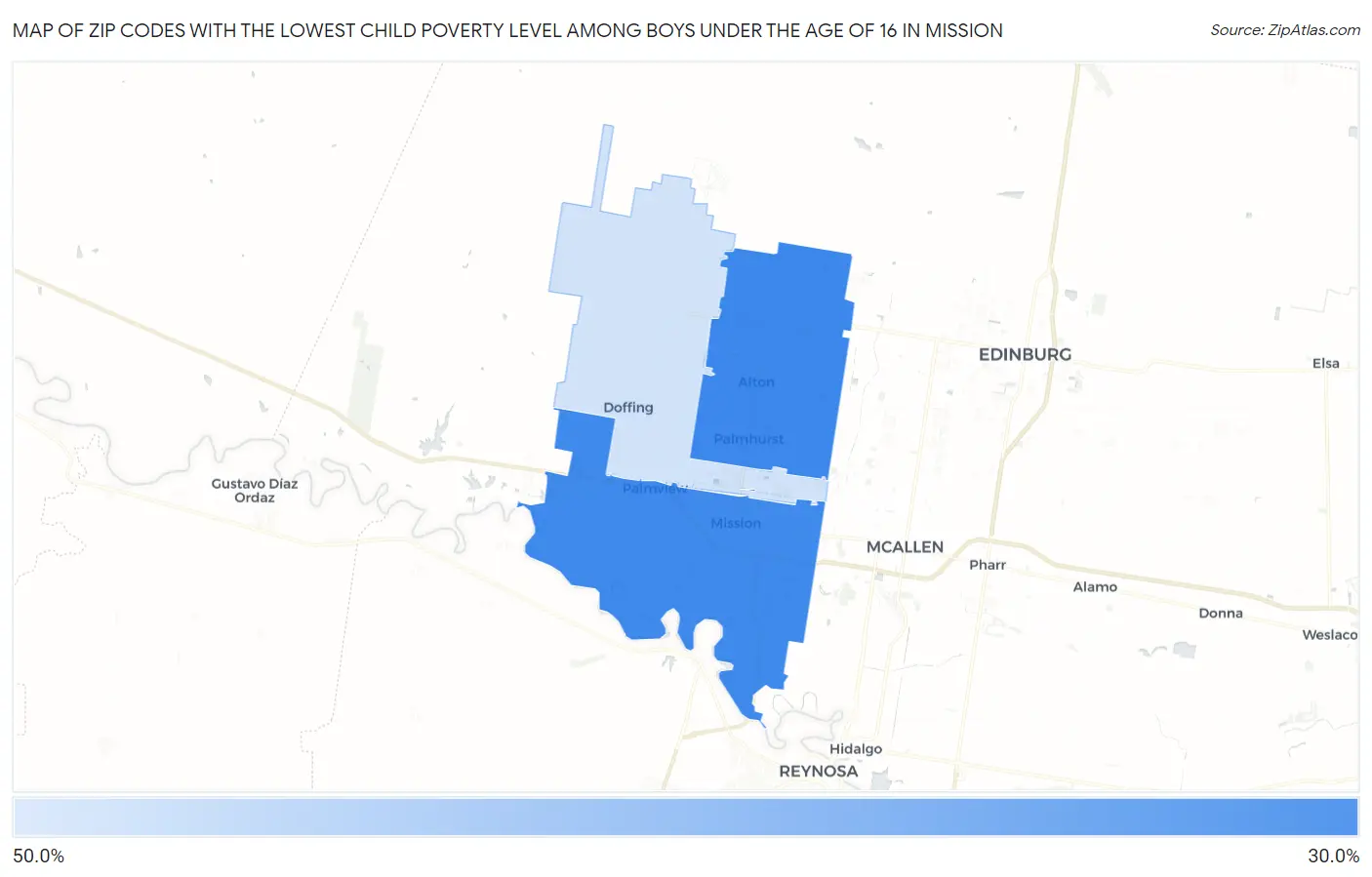 Zip Codes with the Lowest Child Poverty Level Among Boys Under the Age of 16 in Mission Map