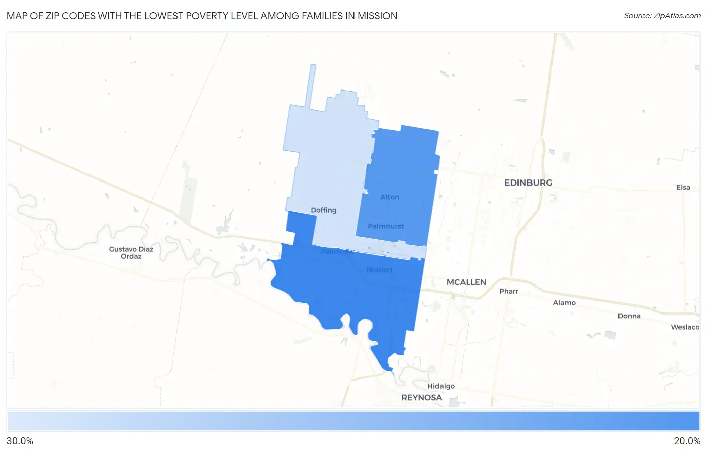 Zip Codes with the Lowest Poverty Level Among Families in Mission Map
