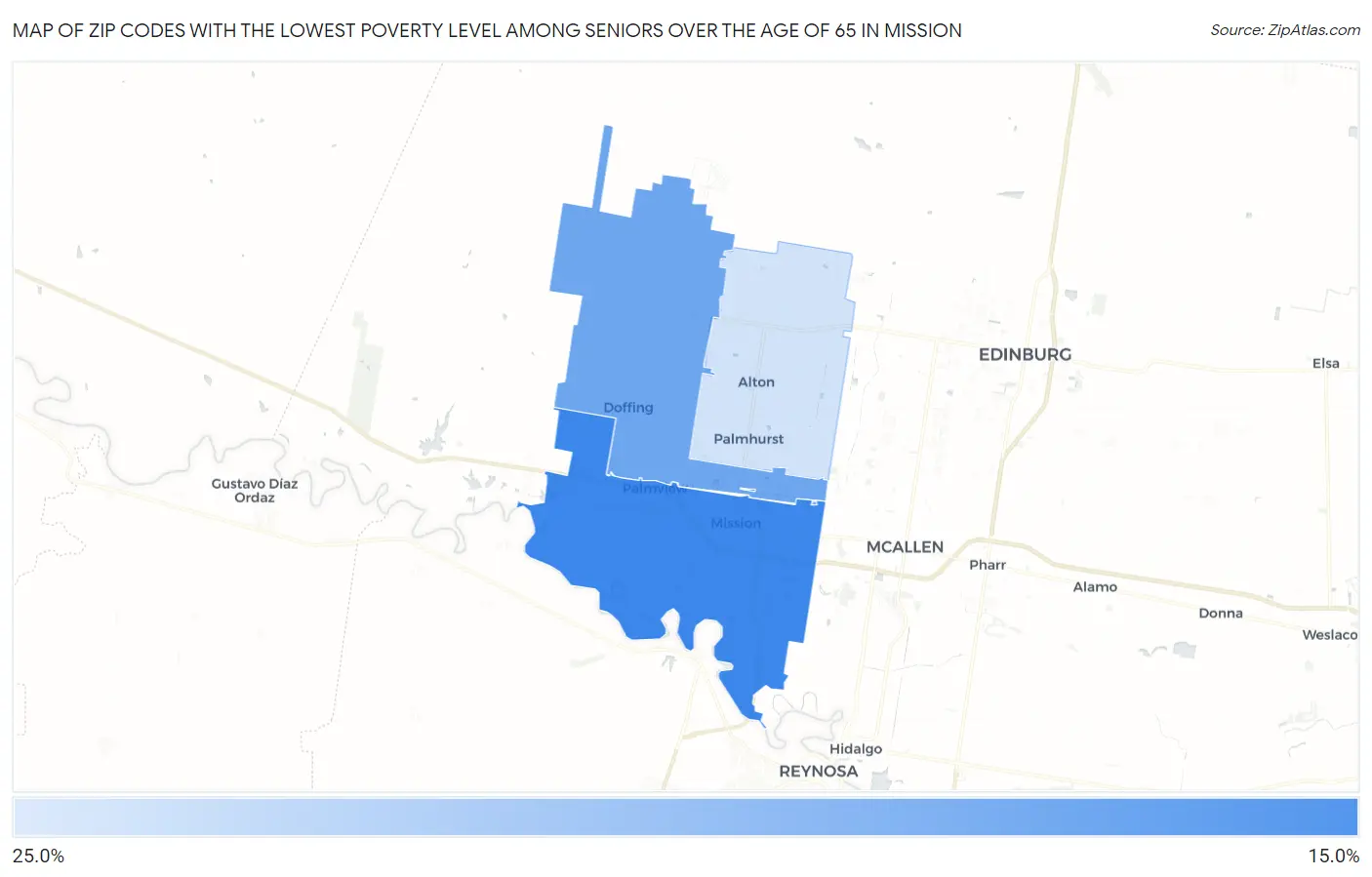 Zip Codes with the Lowest Poverty Level Among Seniors Over the Age of 65 in Mission Map