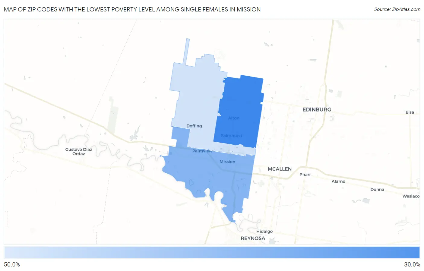 Zip Codes with the Lowest Poverty Level Among Single Females in Mission Map