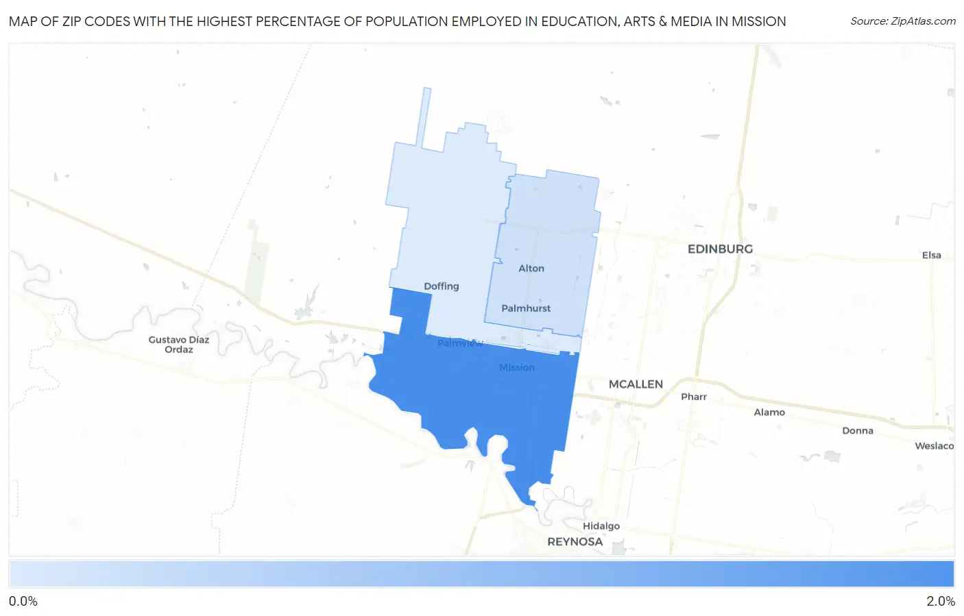 Zip Codes with the Highest Percentage of Population Employed in Education, Arts & Media in Mission Map