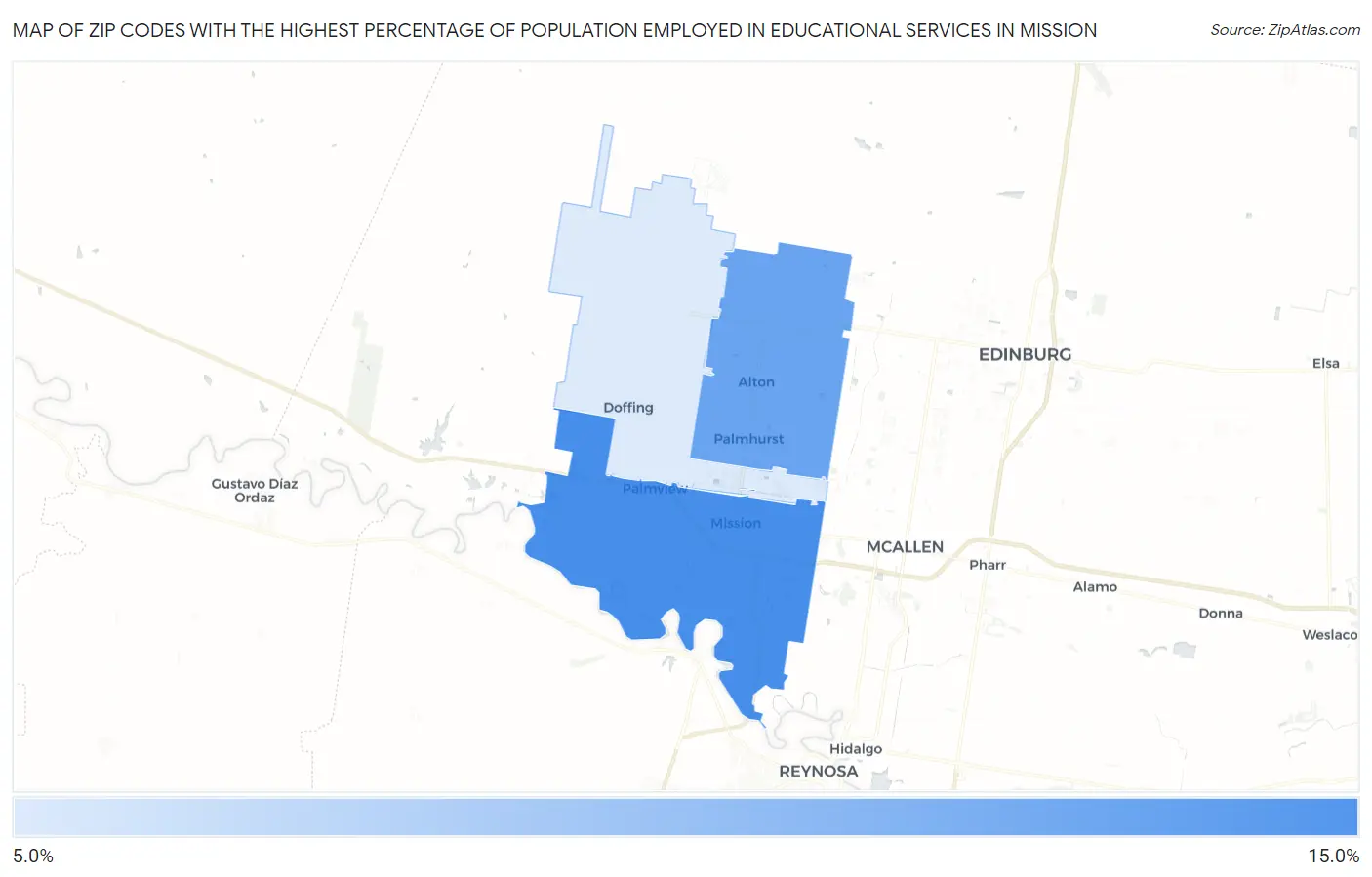 Zip Codes with the Highest Percentage of Population Employed in Educational Services in Mission Map