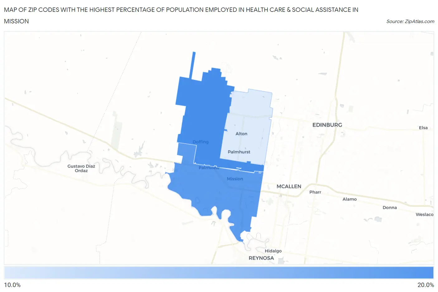 Zip Codes with the Highest Percentage of Population Employed in Health Care & Social Assistance in Mission Map