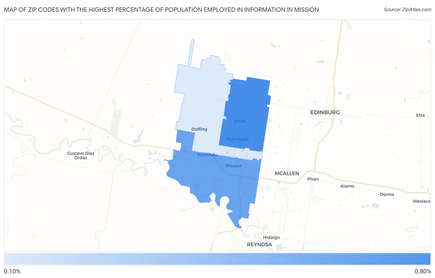Zip Codes with the Highest Percentage of Population Employed in Information in Mission Map