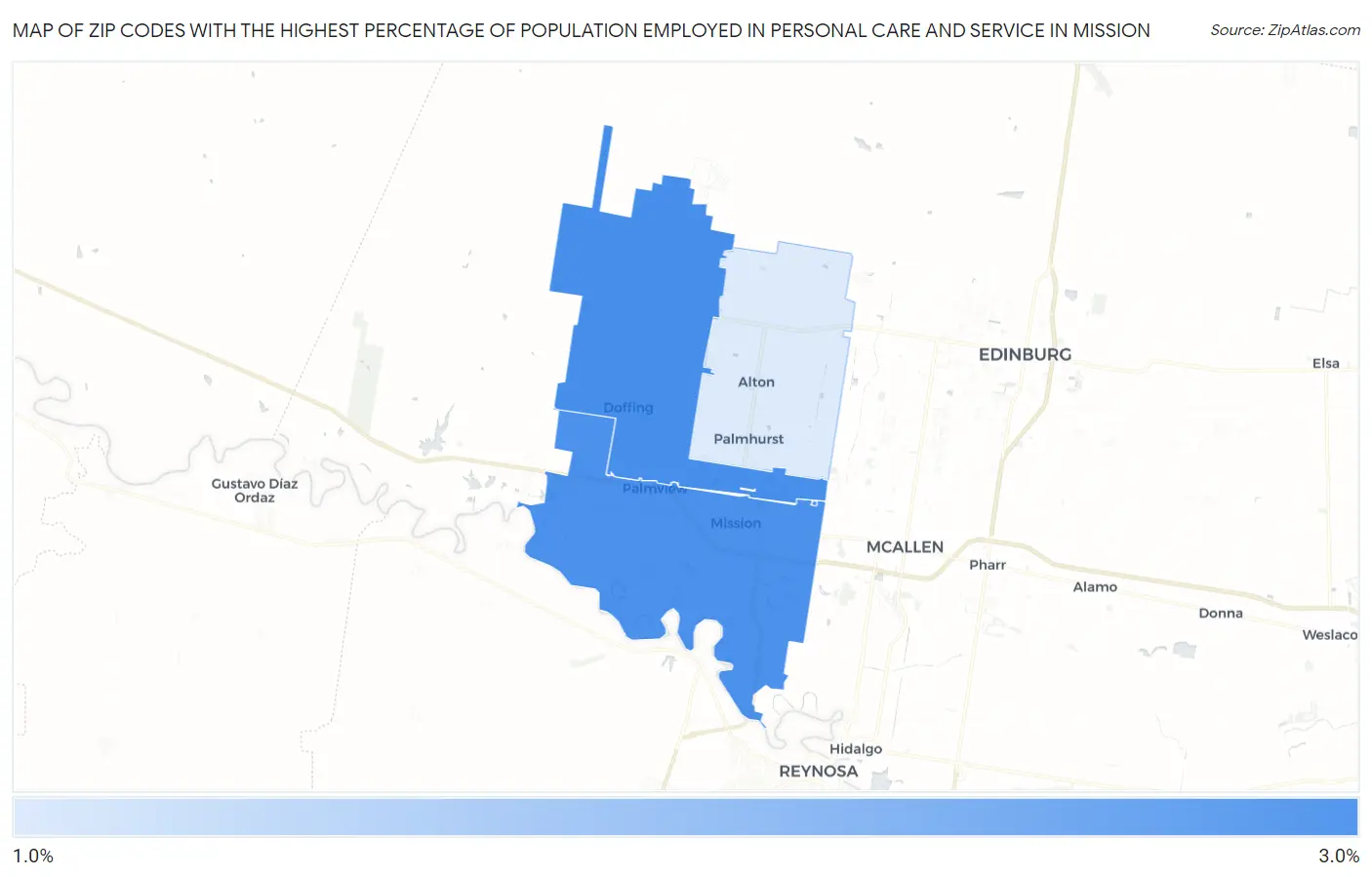 Zip Codes with the Highest Percentage of Population Employed in Personal Care and Service in Mission Map