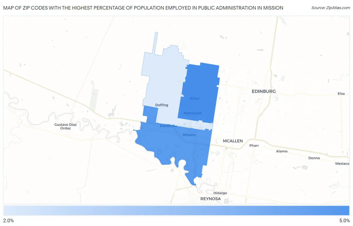 Zip Codes with the Highest Percentage of Population Employed in Public Administration in Mission Map