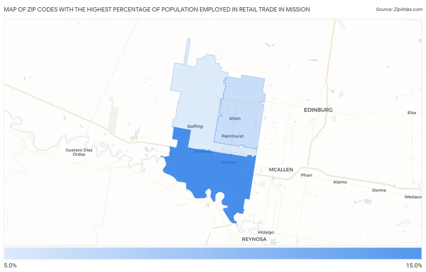 Zip Codes with the Highest Percentage of Population Employed in Retail Trade in Mission Map