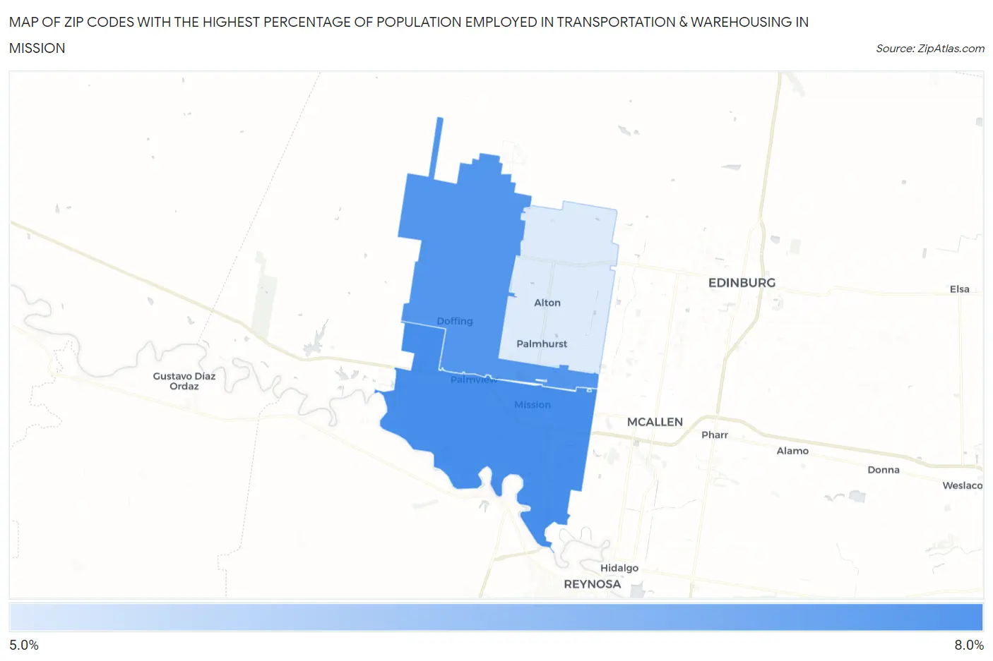 Zip Codes with the Highest Percentage of Population Employed in Transportation & Warehousing in Mission Map