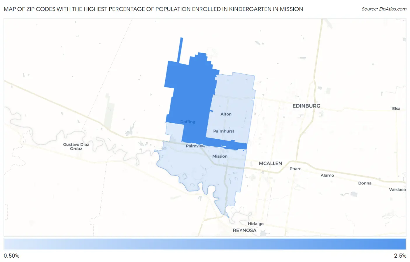 Zip Codes with the Highest Percentage of Population Enrolled in Kindergarten in Mission Map