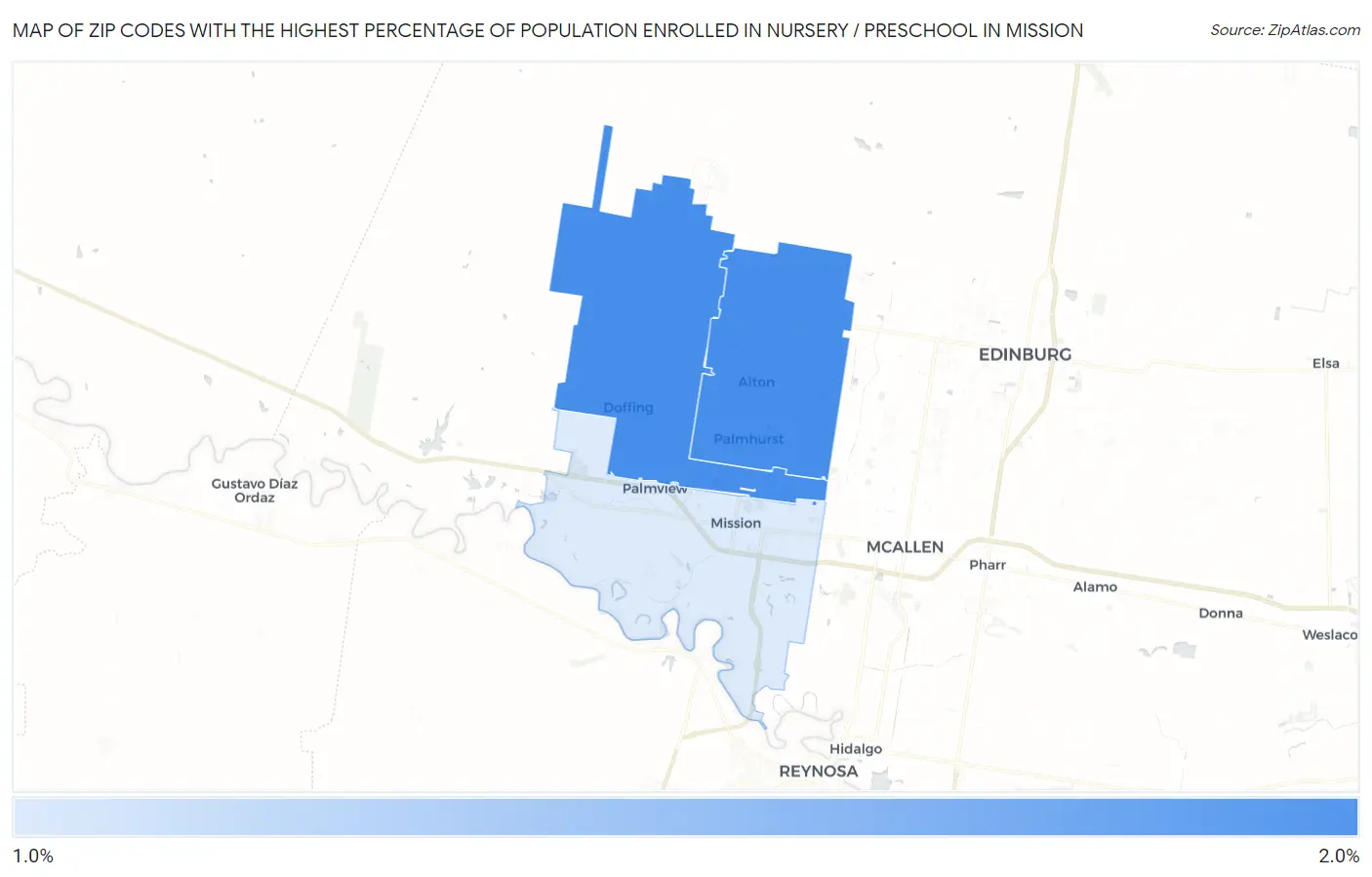 Zip Codes with the Highest Percentage of Population Enrolled in Nursery / Preschool in Mission Map