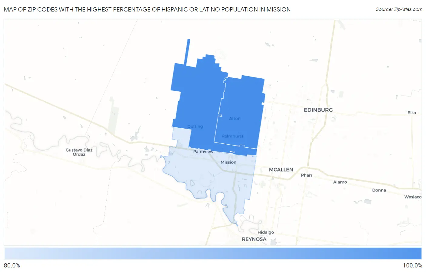 Zip Codes with the Highest Percentage of Hispanic or Latino Population in Mission Map