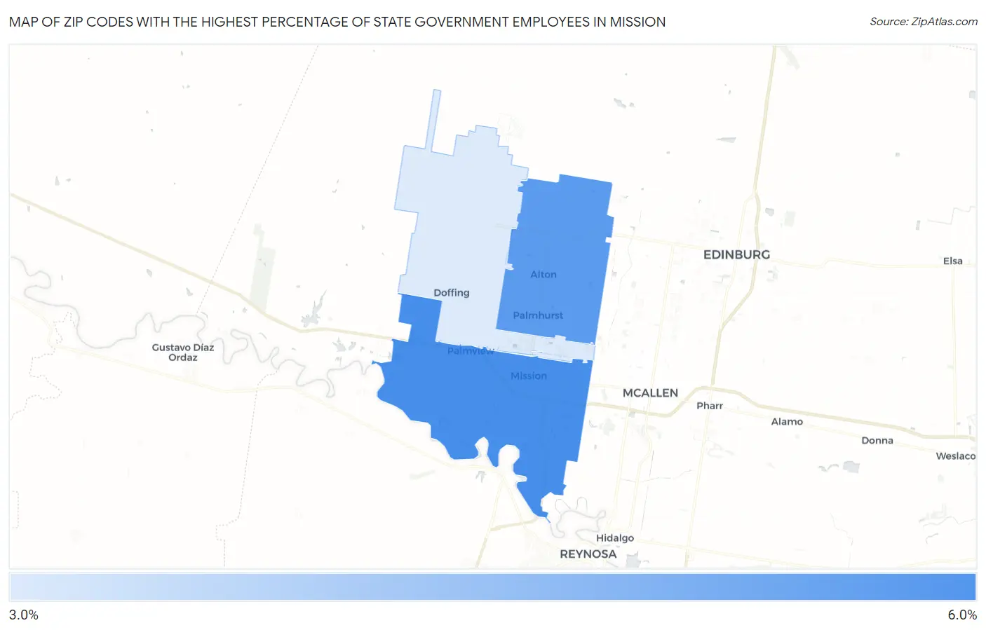 Zip Codes with the Highest Percentage of State Government Employees in Mission Map