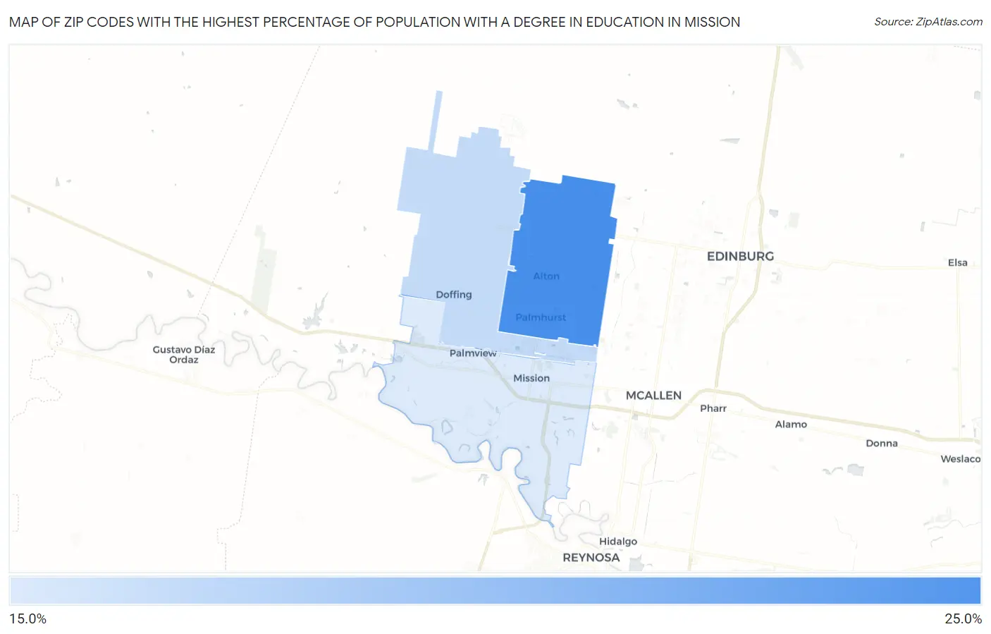 Zip Codes with the Highest Percentage of Population with a Degree in Education in Mission Map