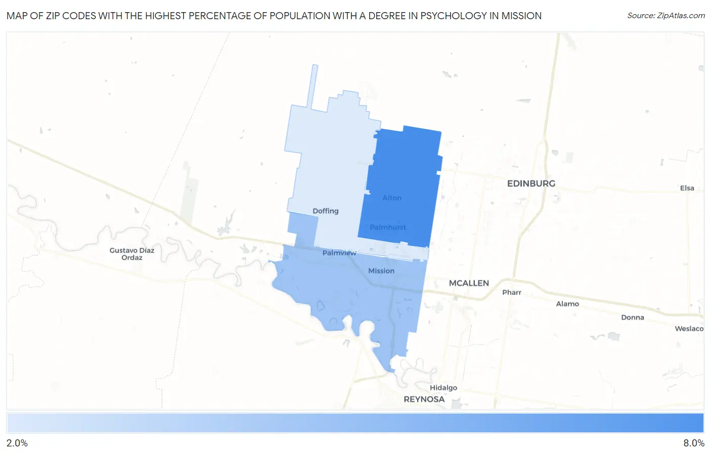 Zip Codes with the Highest Percentage of Population with a Degree in Psychology in Mission Map