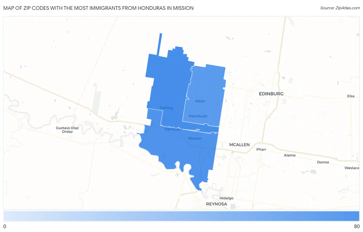 Zip Codes with the Most Immigrants from Honduras in Mission Map