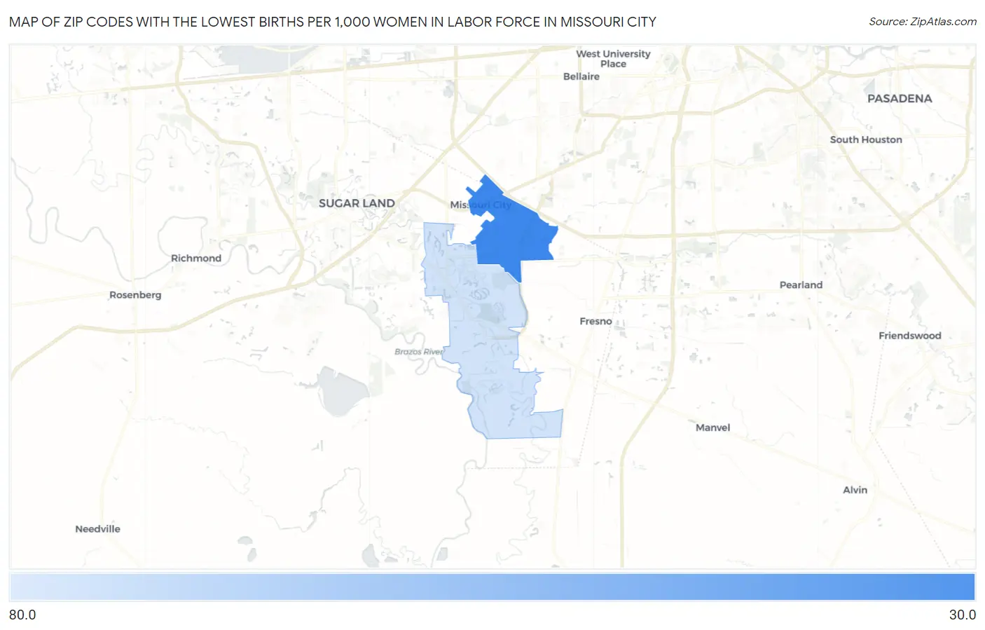 Zip Codes with the Lowest Births per 1,000 Women in Labor Force in Missouri City Map
