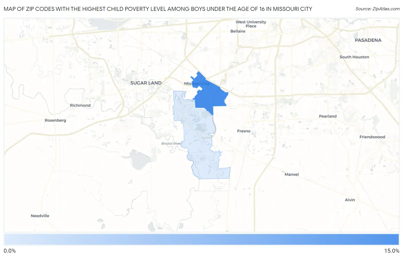 Zip Codes with the Highest Child Poverty Level Among Boys Under the Age of 16 in Missouri City Map