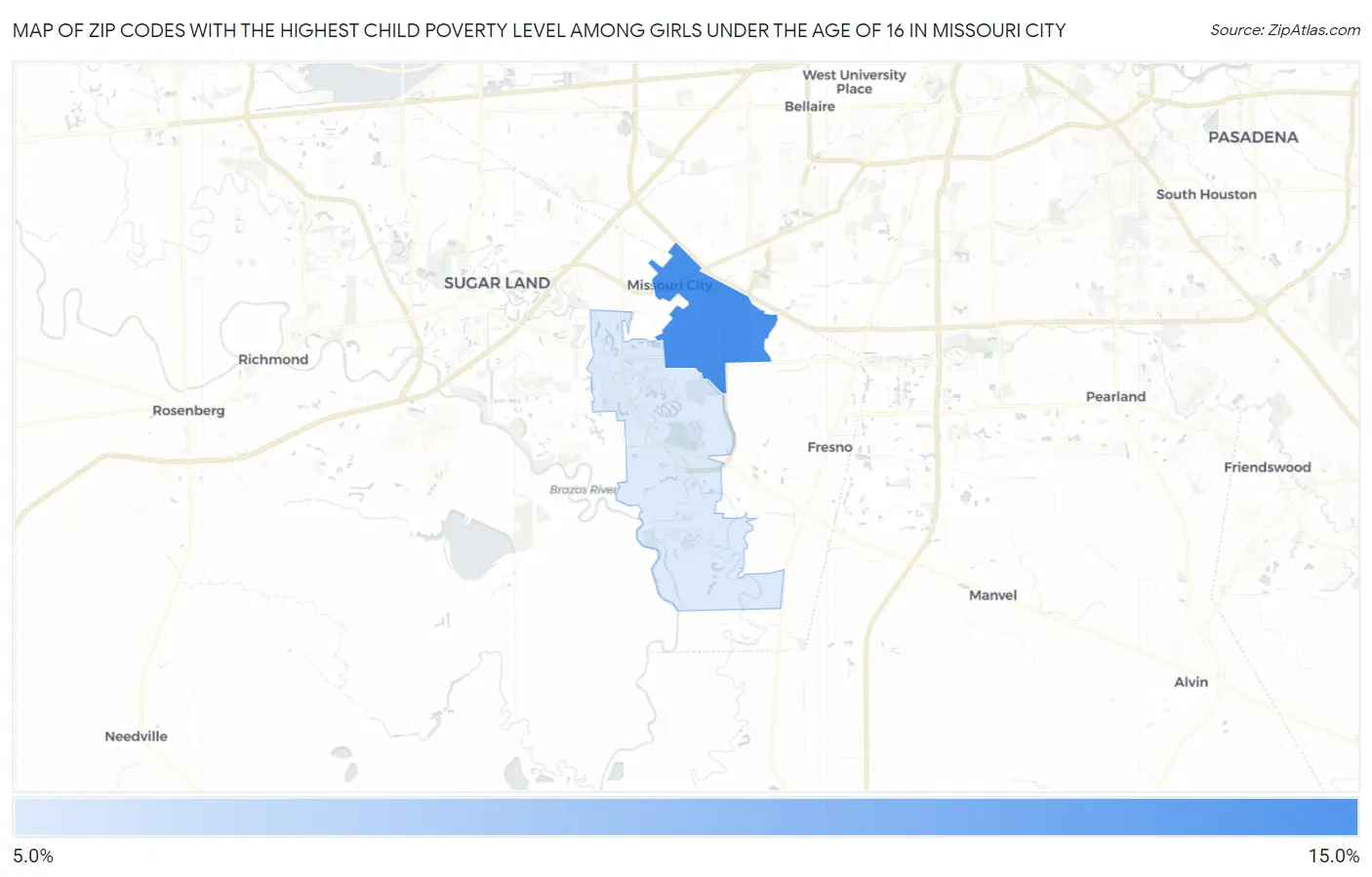 Zip Codes with the Highest Child Poverty Level Among Girls Under the Age of 16 in Missouri City Map