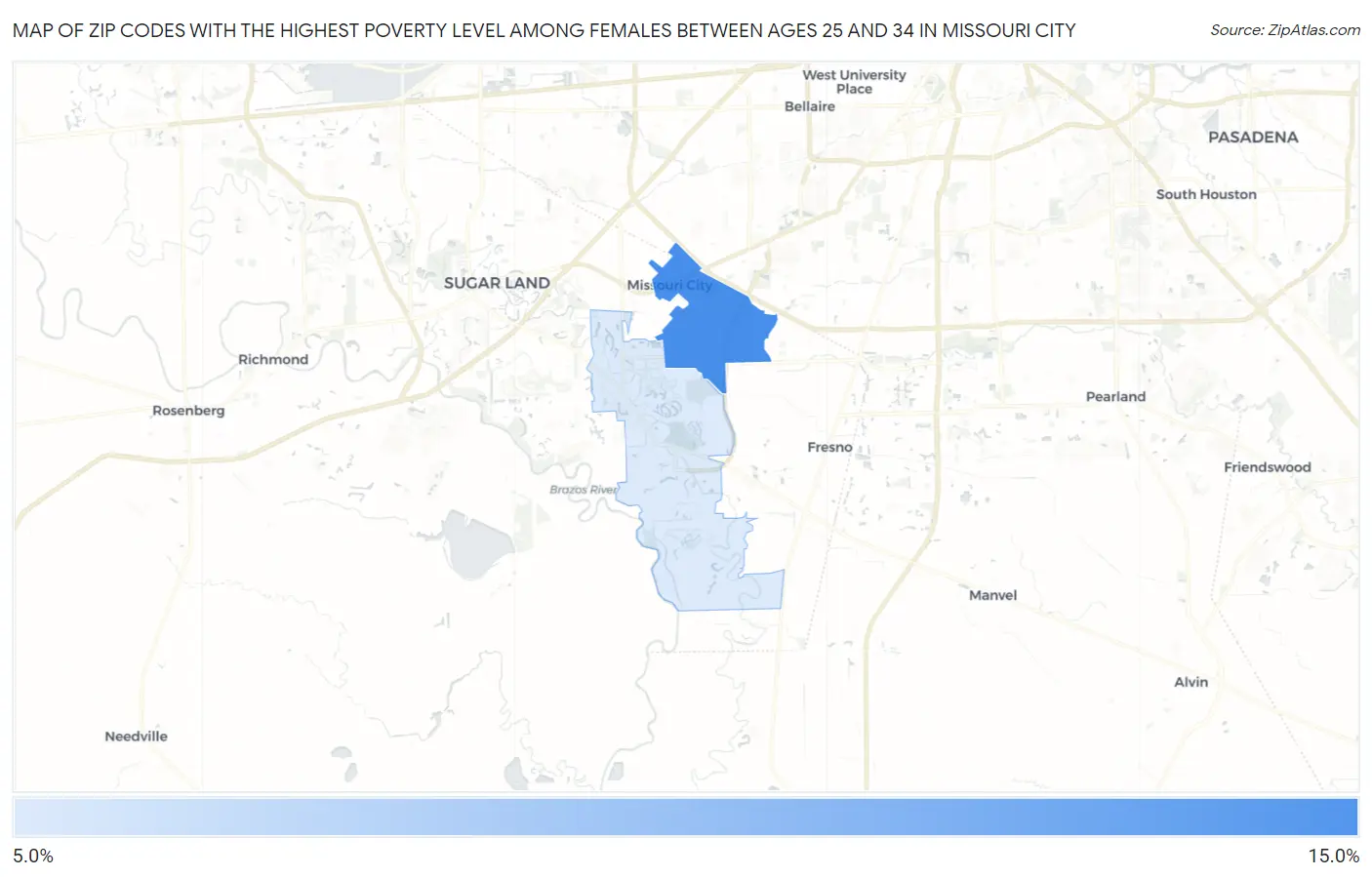 Zip Codes with the Highest Poverty Level Among Females Between Ages 25 and 34 in Missouri City Map