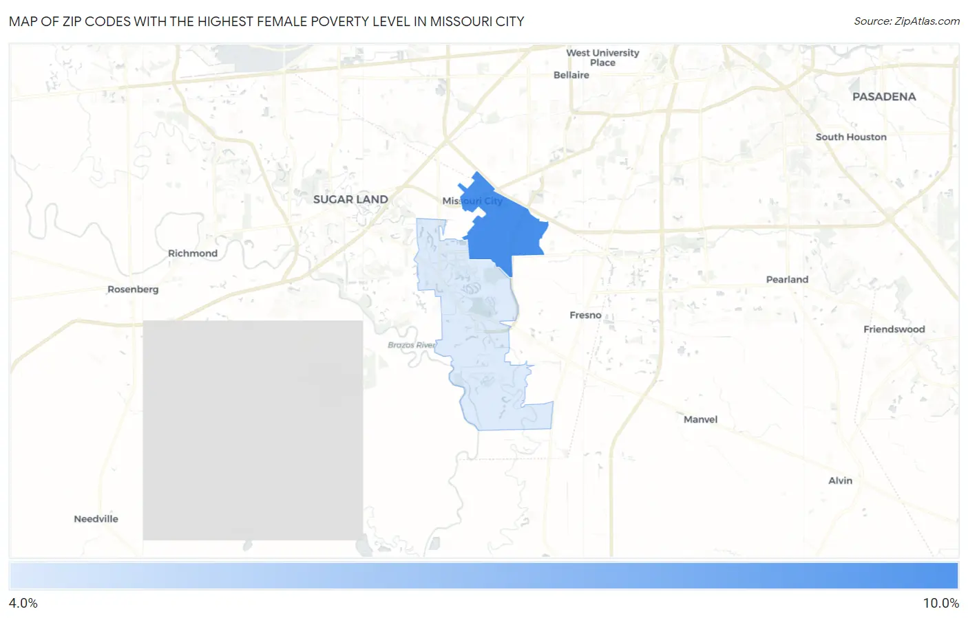 Zip Codes with the Highest Female Poverty Level in Missouri City Map