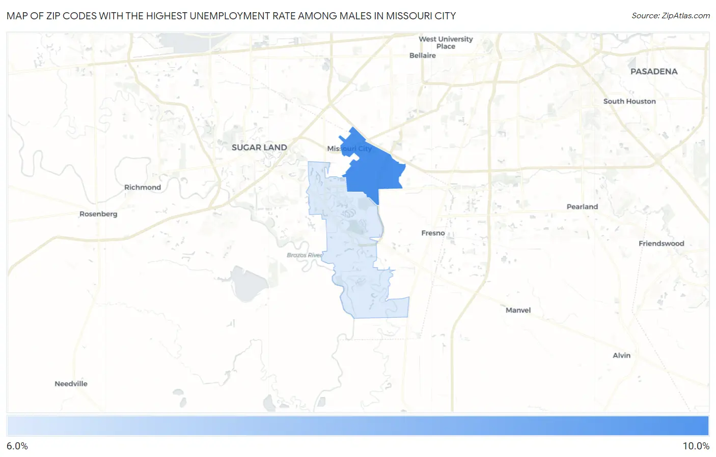 Zip Codes with the Highest Unemployment Rate Among Males in Missouri City Map