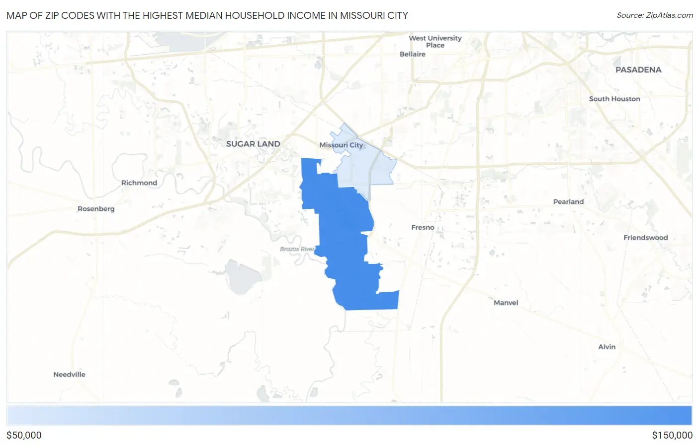 Zip Codes with the Highest Median Household Income in Missouri City Map