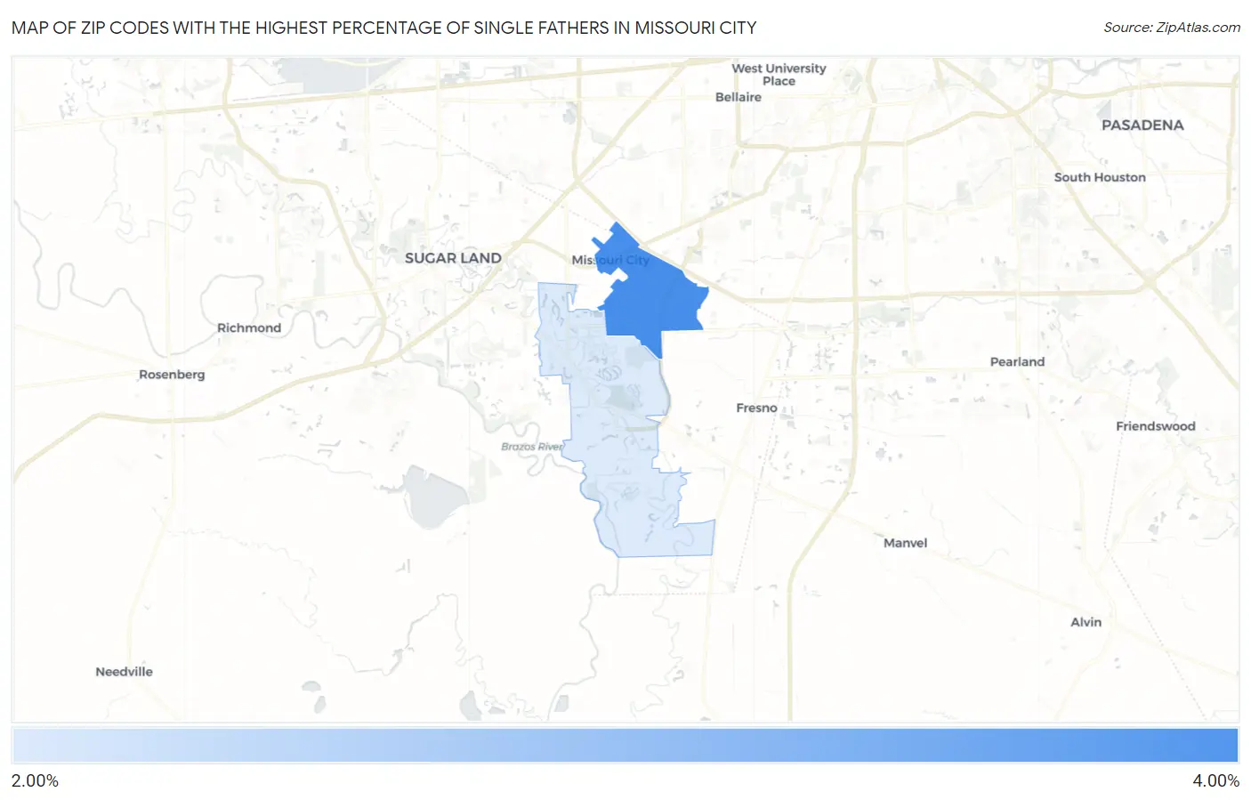 Zip Codes with the Highest Percentage of Single Fathers in Missouri City Map