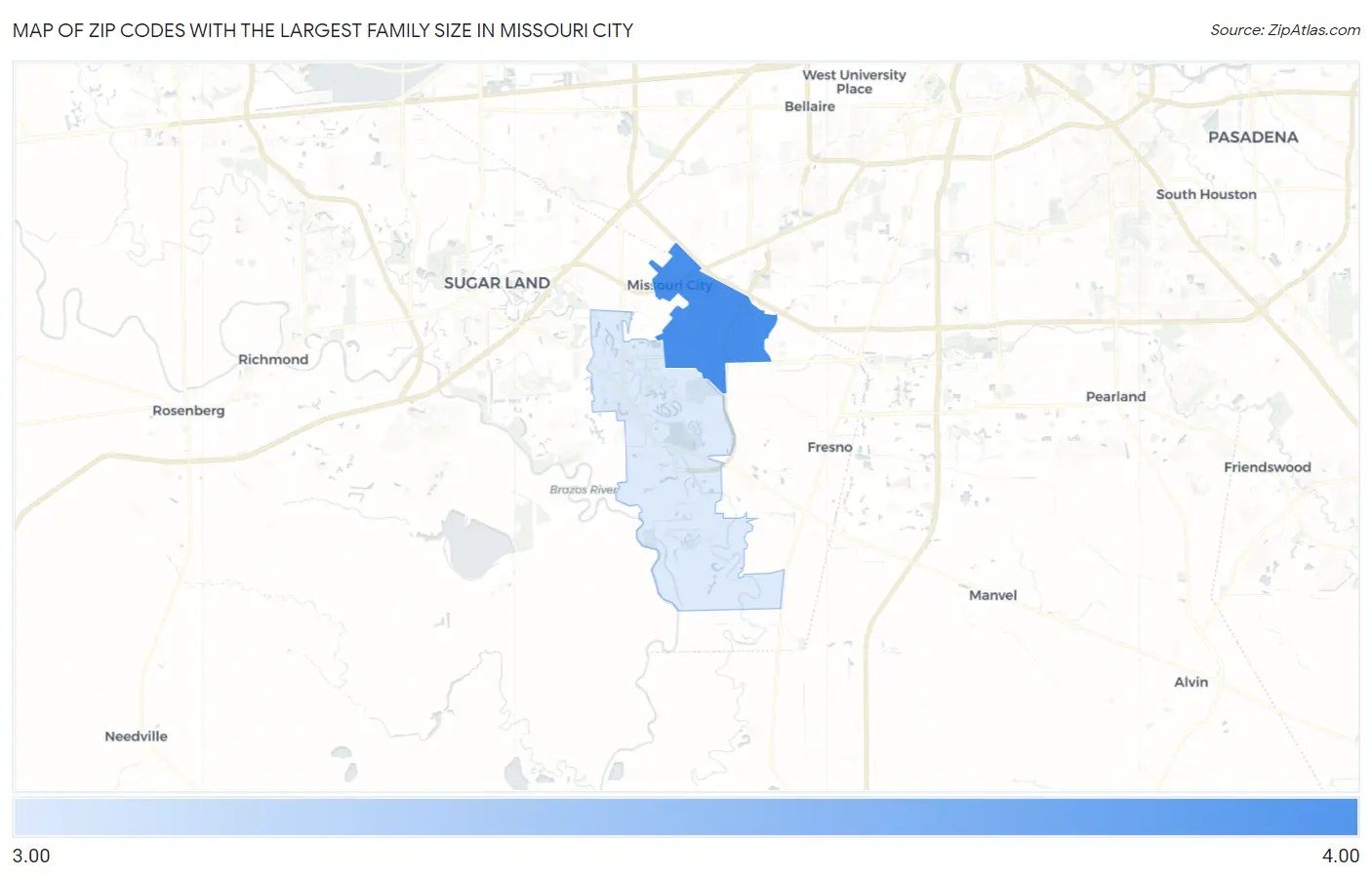 Zip Codes with the Largest Family Size in Missouri City Map