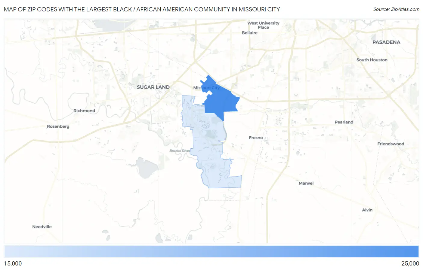 Zip Codes with the Largest Black / African American Community in Missouri City Map