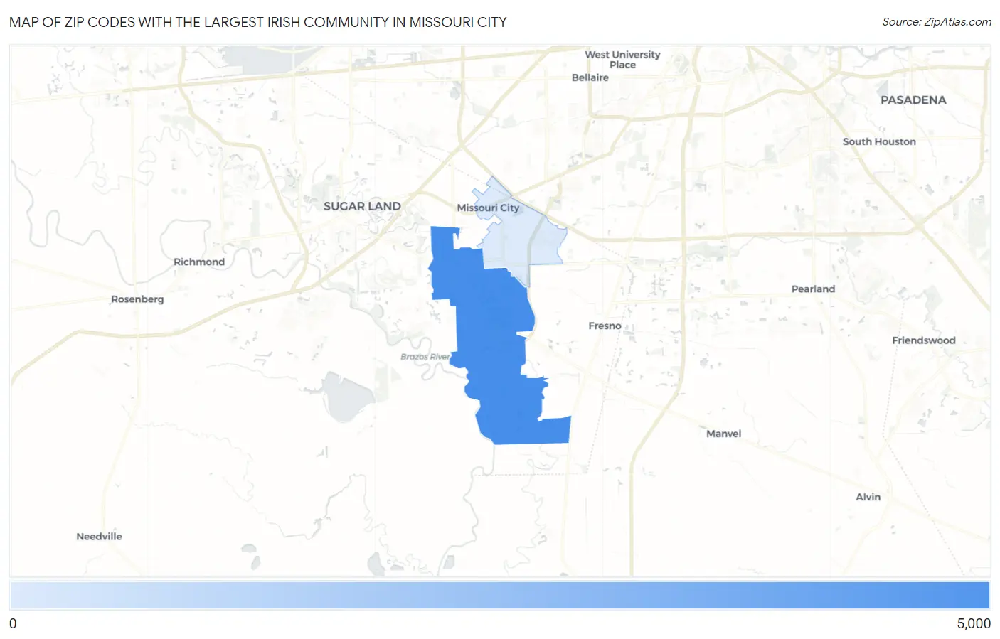 Zip Codes with the Largest Irish Community in Missouri City Map