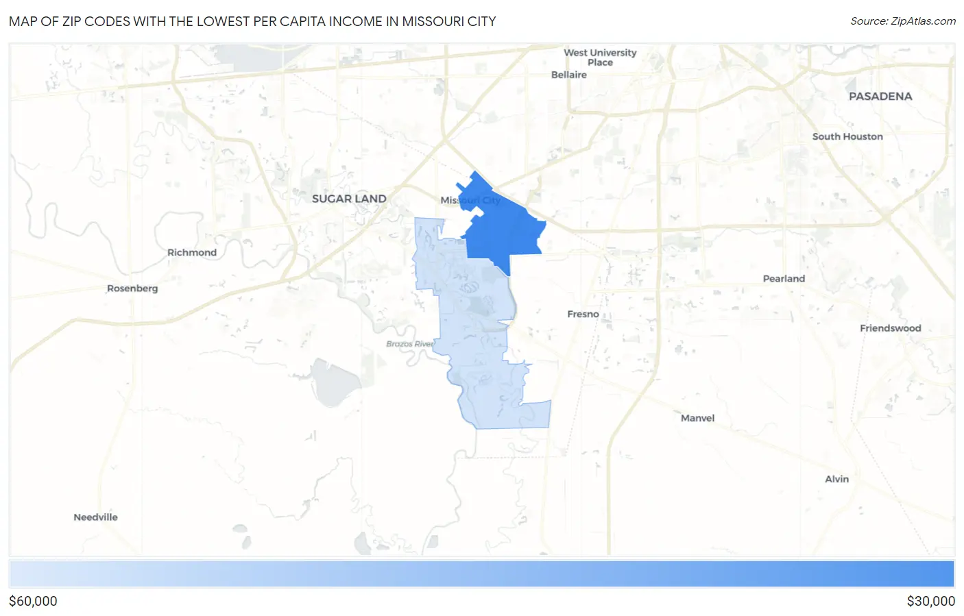 Zip Codes with the Lowest Per Capita Income in Missouri City Map