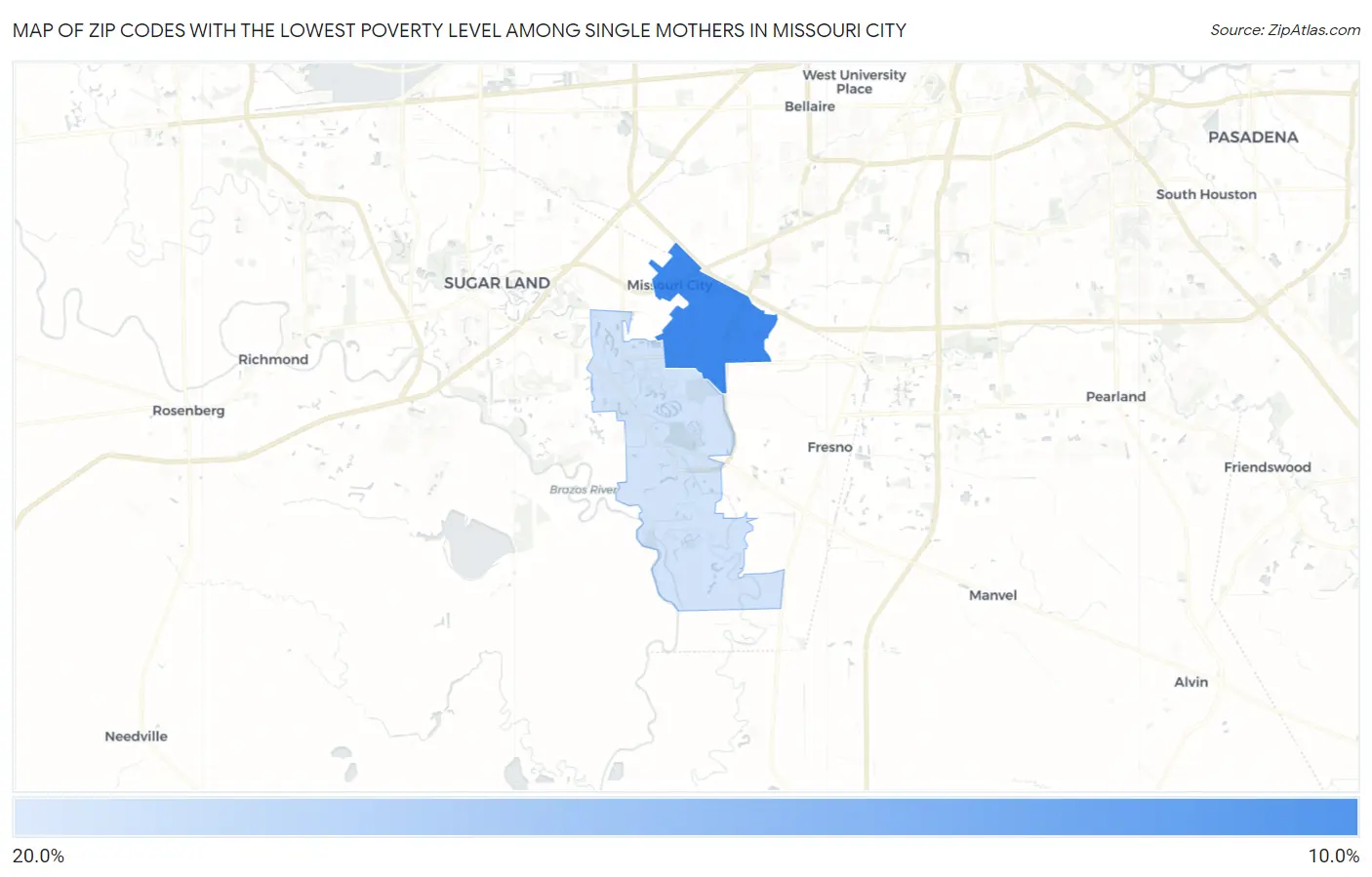 Zip Codes with the Lowest Poverty Level Among Single Mothers in Missouri City Map