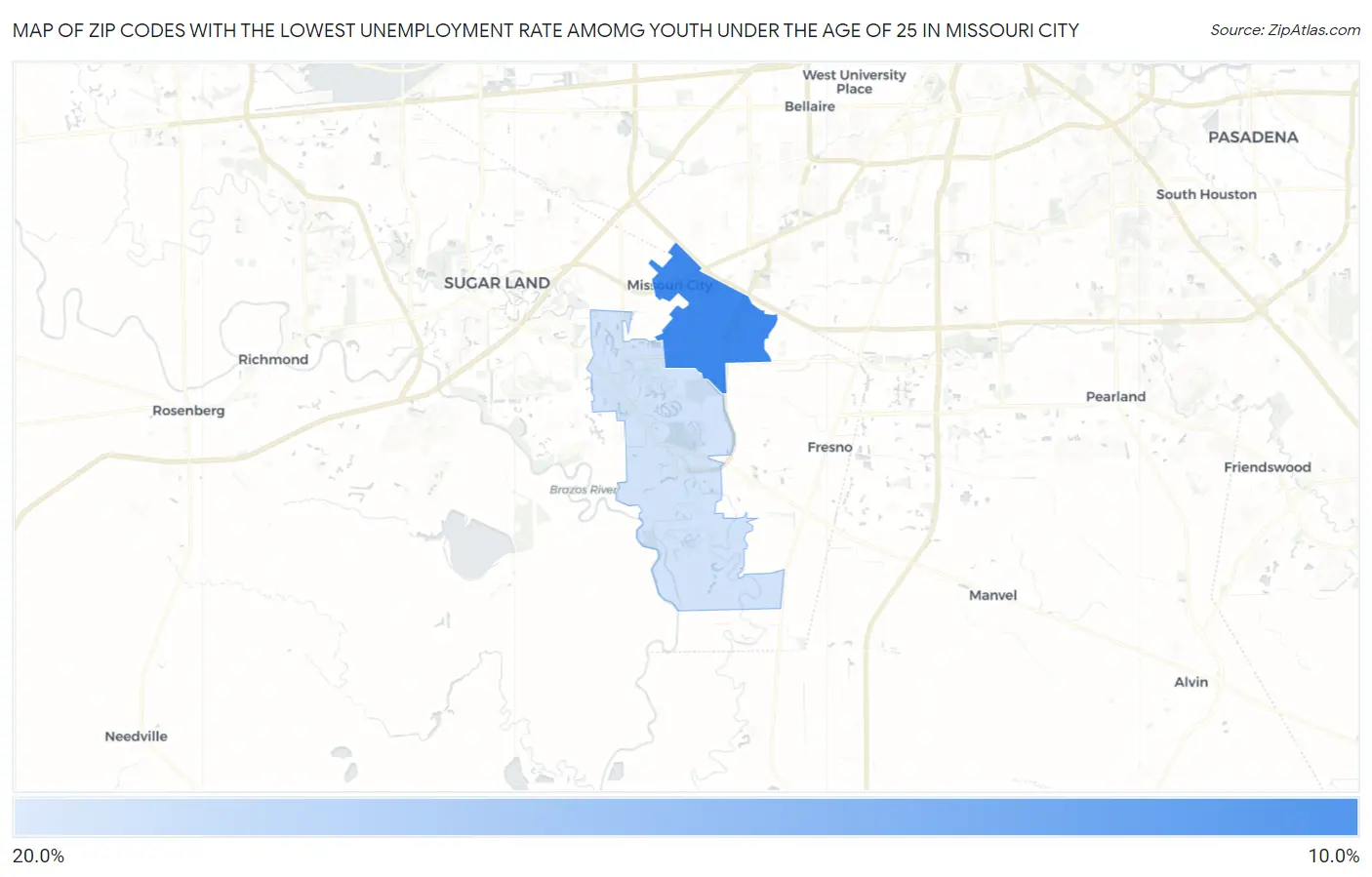 Zip Codes with the Lowest Unemployment Rate Amomg Youth Under the Age of 25 in Missouri City Map