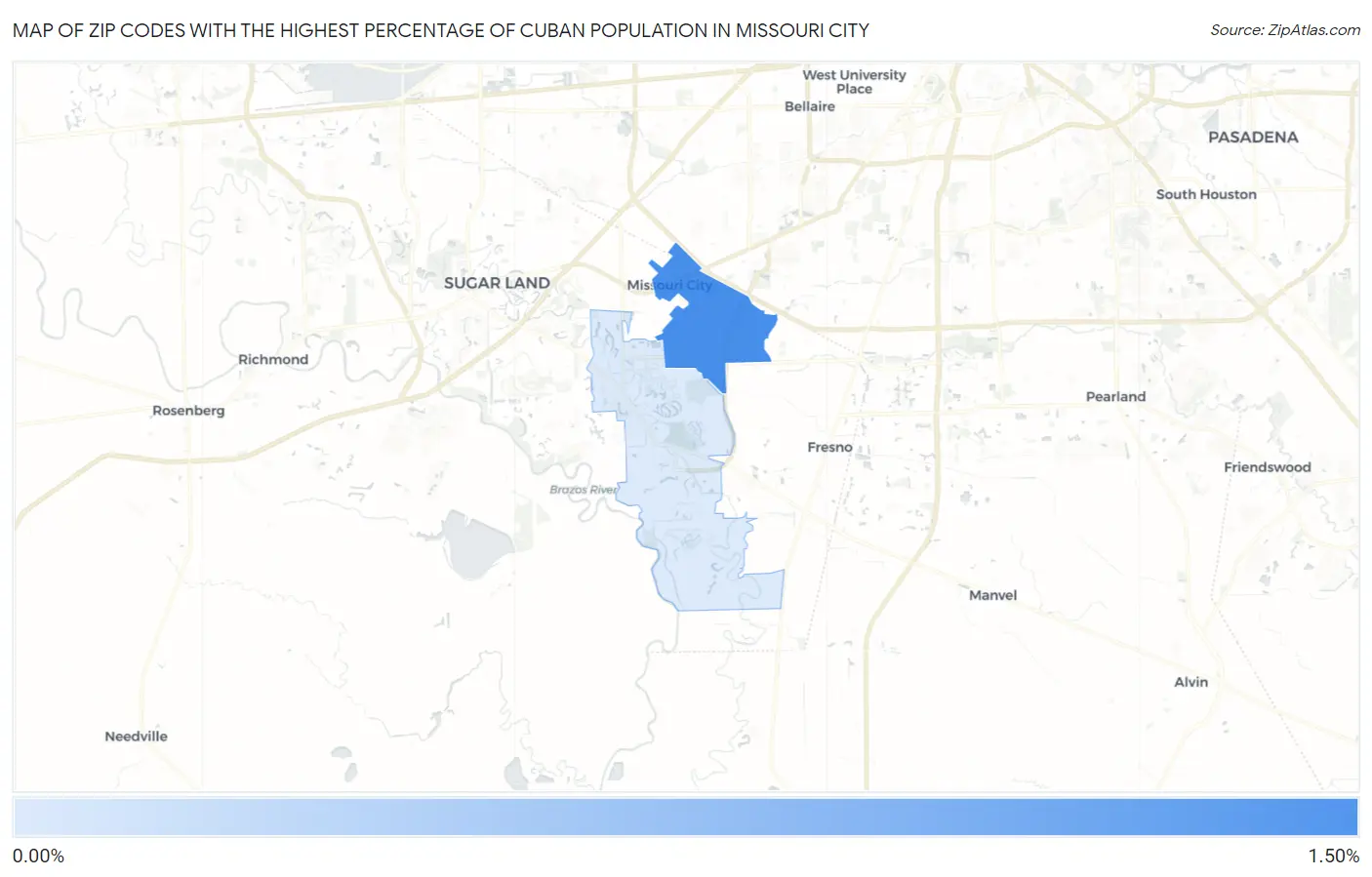 Zip Codes with the Highest Percentage of Cuban Population in Missouri City Map