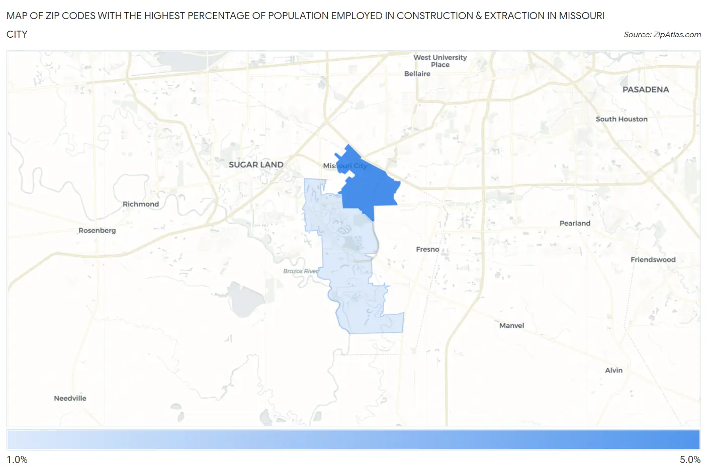 Zip Codes with the Highest Percentage of Population Employed in Construction & Extraction in Missouri City Map