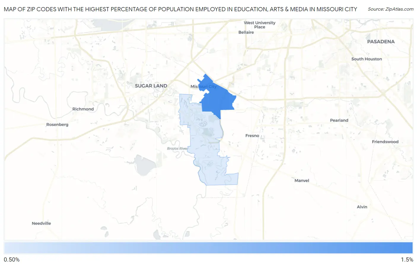 Zip Codes with the Highest Percentage of Population Employed in Education, Arts & Media in Missouri City Map