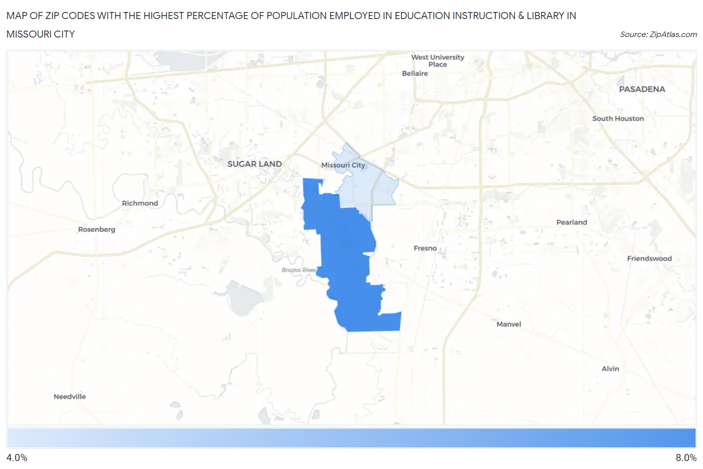 Zip Codes with the Highest Percentage of Population Employed in Education Instruction & Library in Missouri City Map