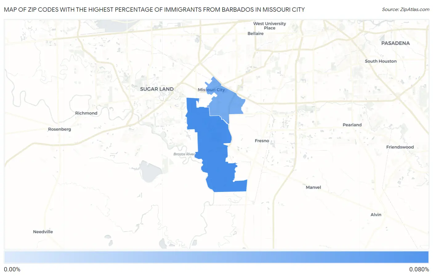 Zip Codes with the Highest Percentage of Immigrants from Barbados in Missouri City Map