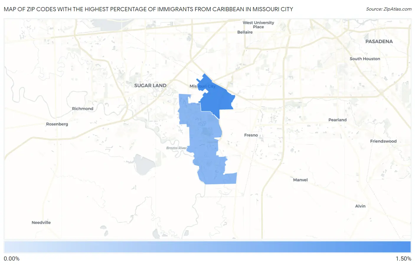 Zip Codes with the Highest Percentage of Immigrants from Caribbean in Missouri City Map