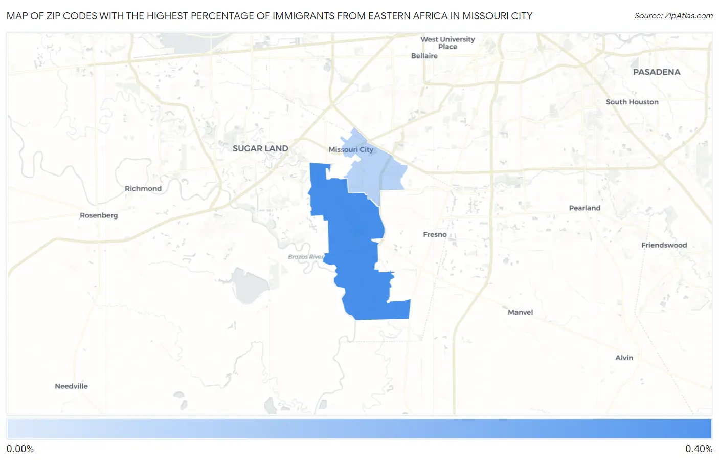 Zip Codes with the Highest Percentage of Immigrants from Eastern Africa in Missouri City Map