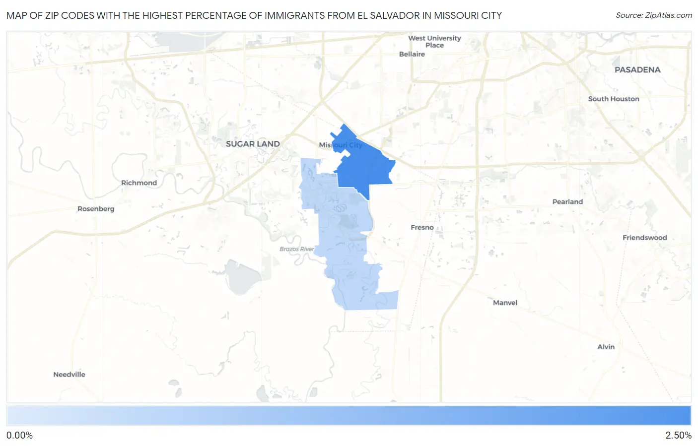 Zip Codes with the Highest Percentage of Immigrants from El Salvador in Missouri City Map