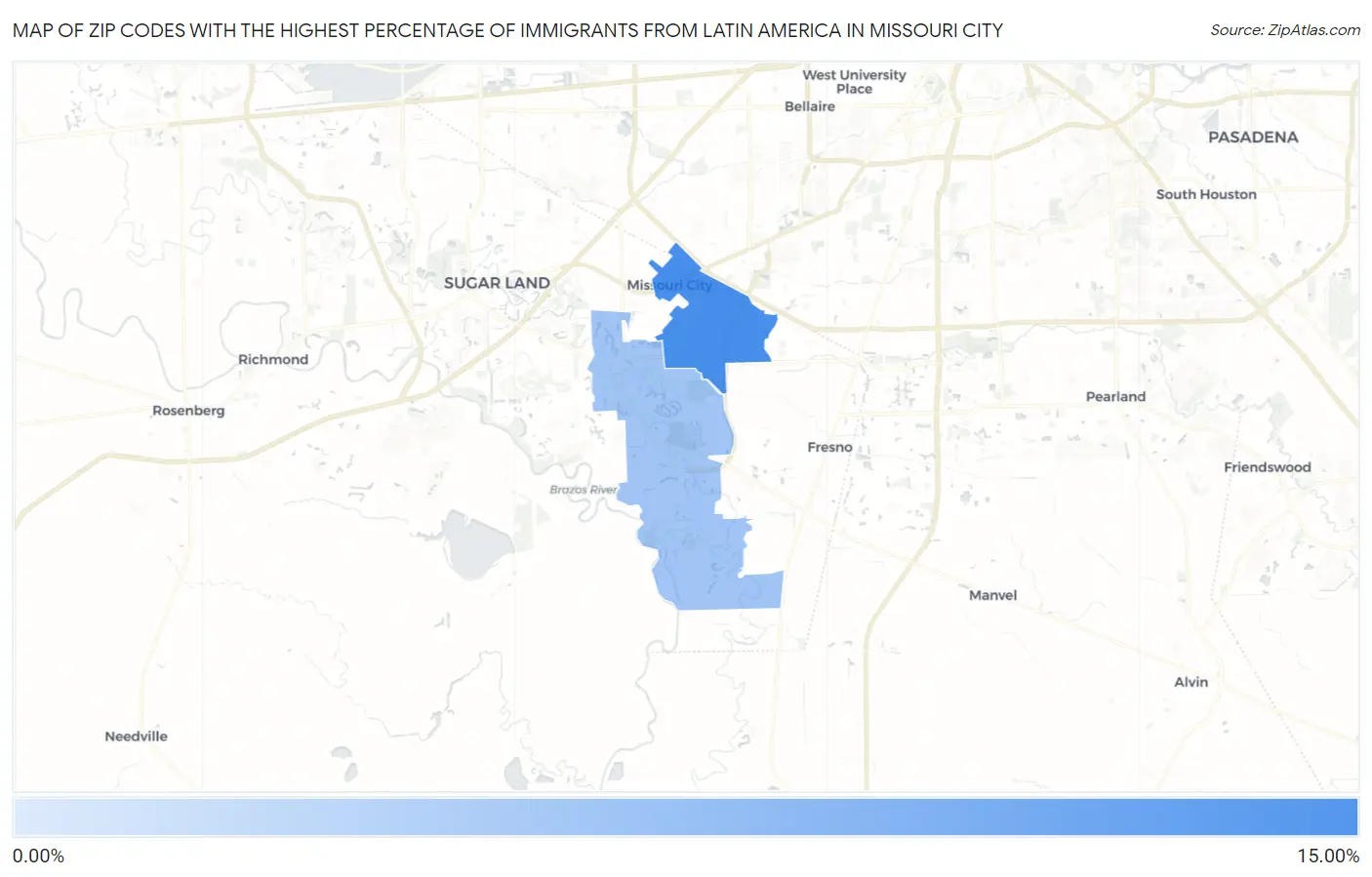 Zip Codes with the Highest Percentage of Immigrants from Latin America in Missouri City Map